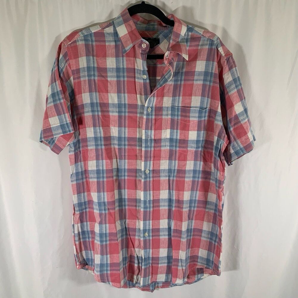 Charter Club Linen Blend Men's Small Pink Plaid Button Up Short Sleeve Light